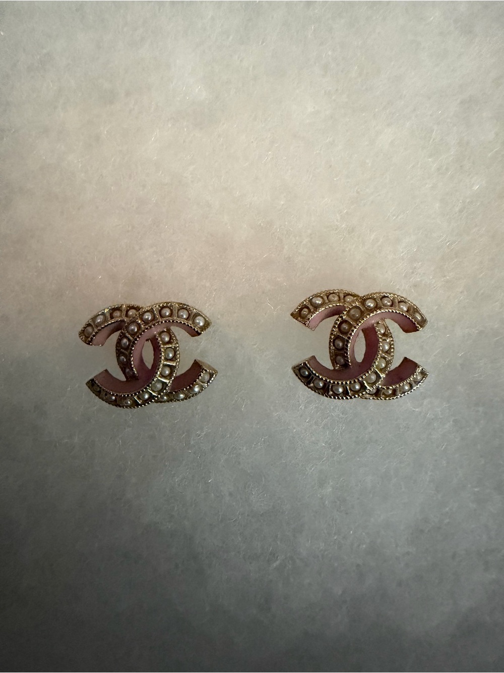 Chanel Pink Enamel Double C Stud Earrings with Pearl Accents